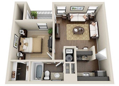 Floor plan for 1 bed, 1 bath, 650 sqft